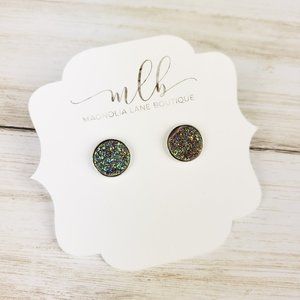 Druzy Stud Earrings - Taupe with Aqua on Silver